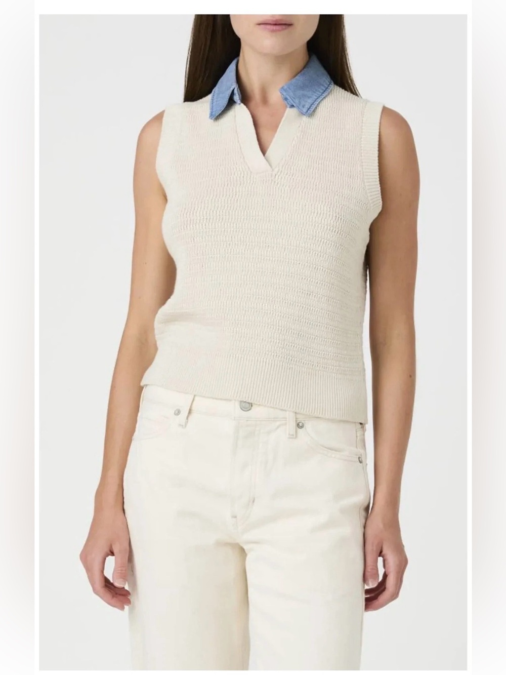 NWT $118 French Connection Contrast collar denim cotton sweater vest sz Small